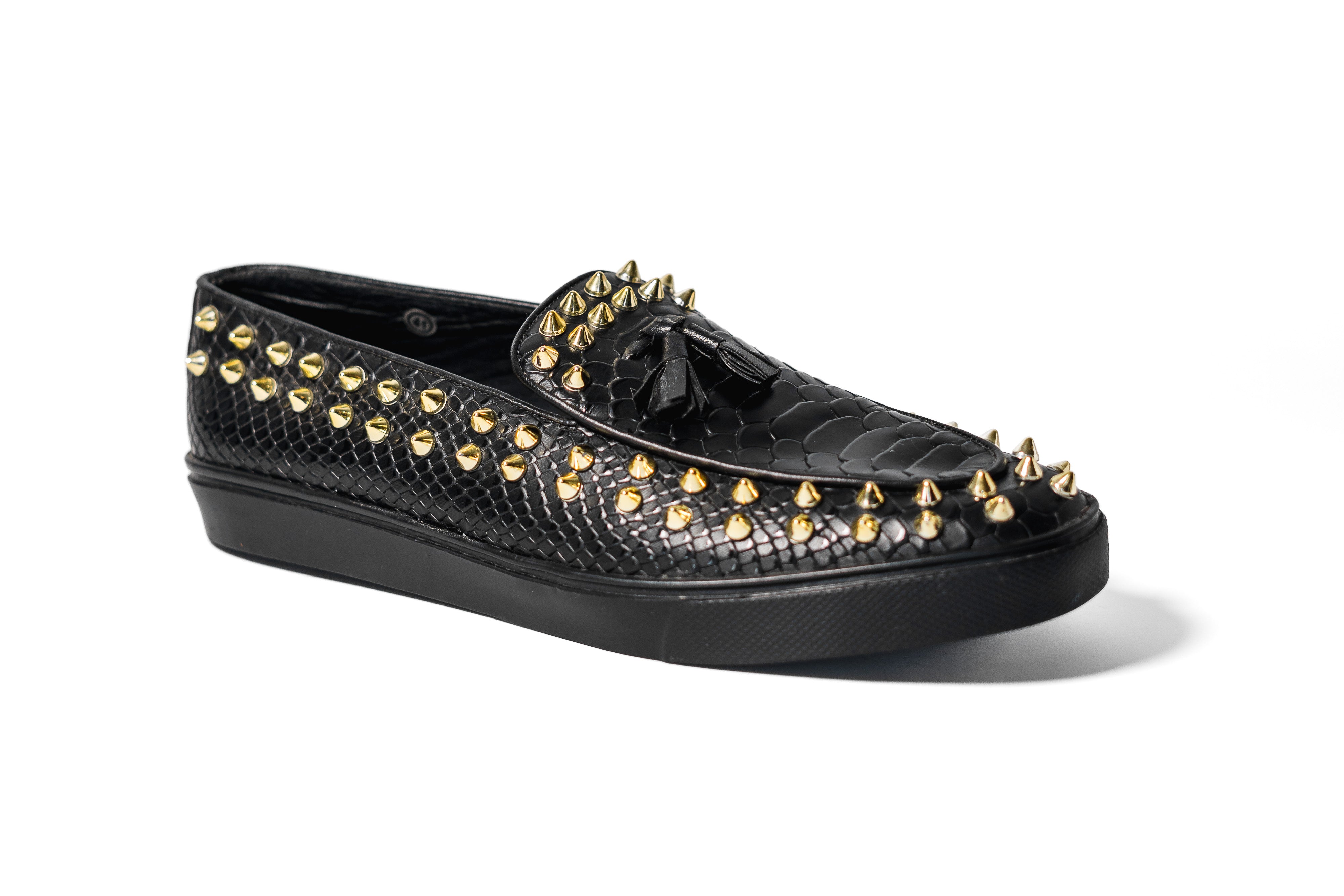 Loafers Python negro tennis puyas doradas