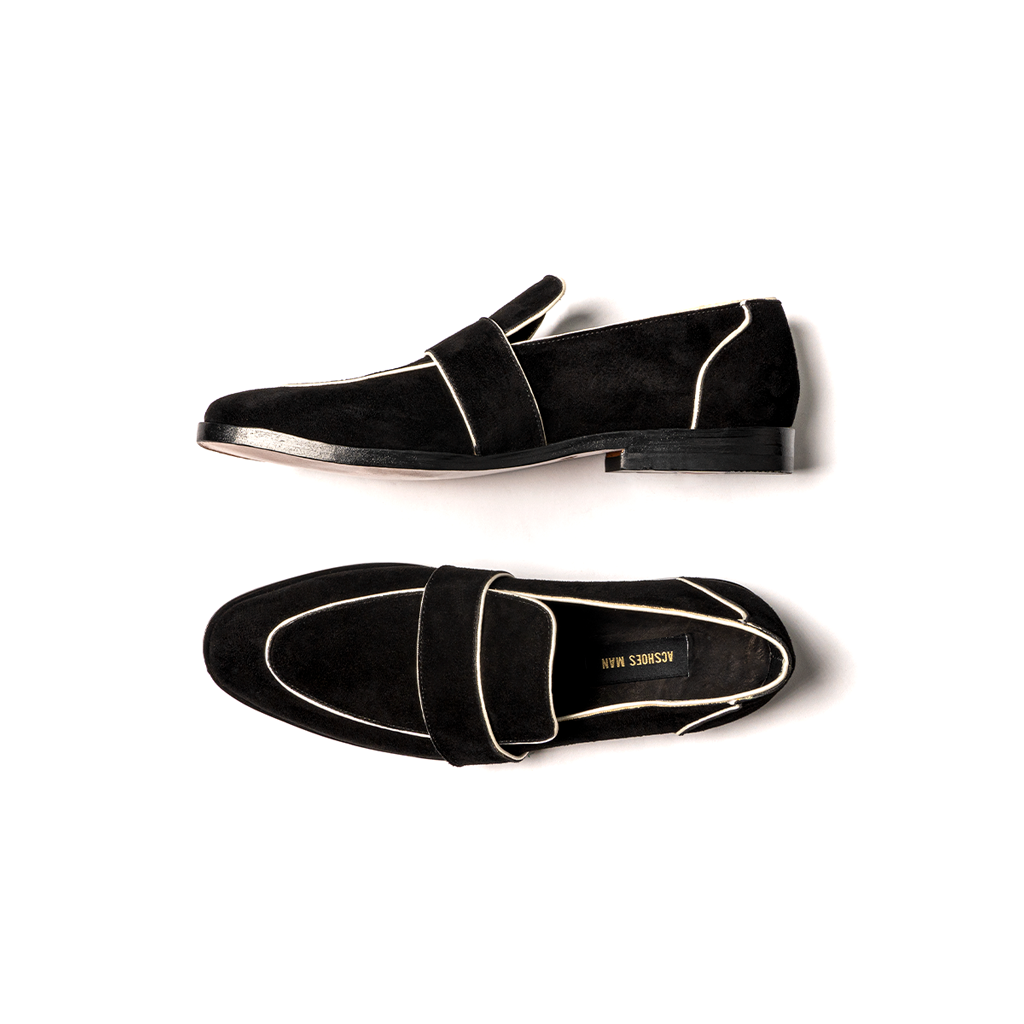 Loafers gamuza negra lineas blanca